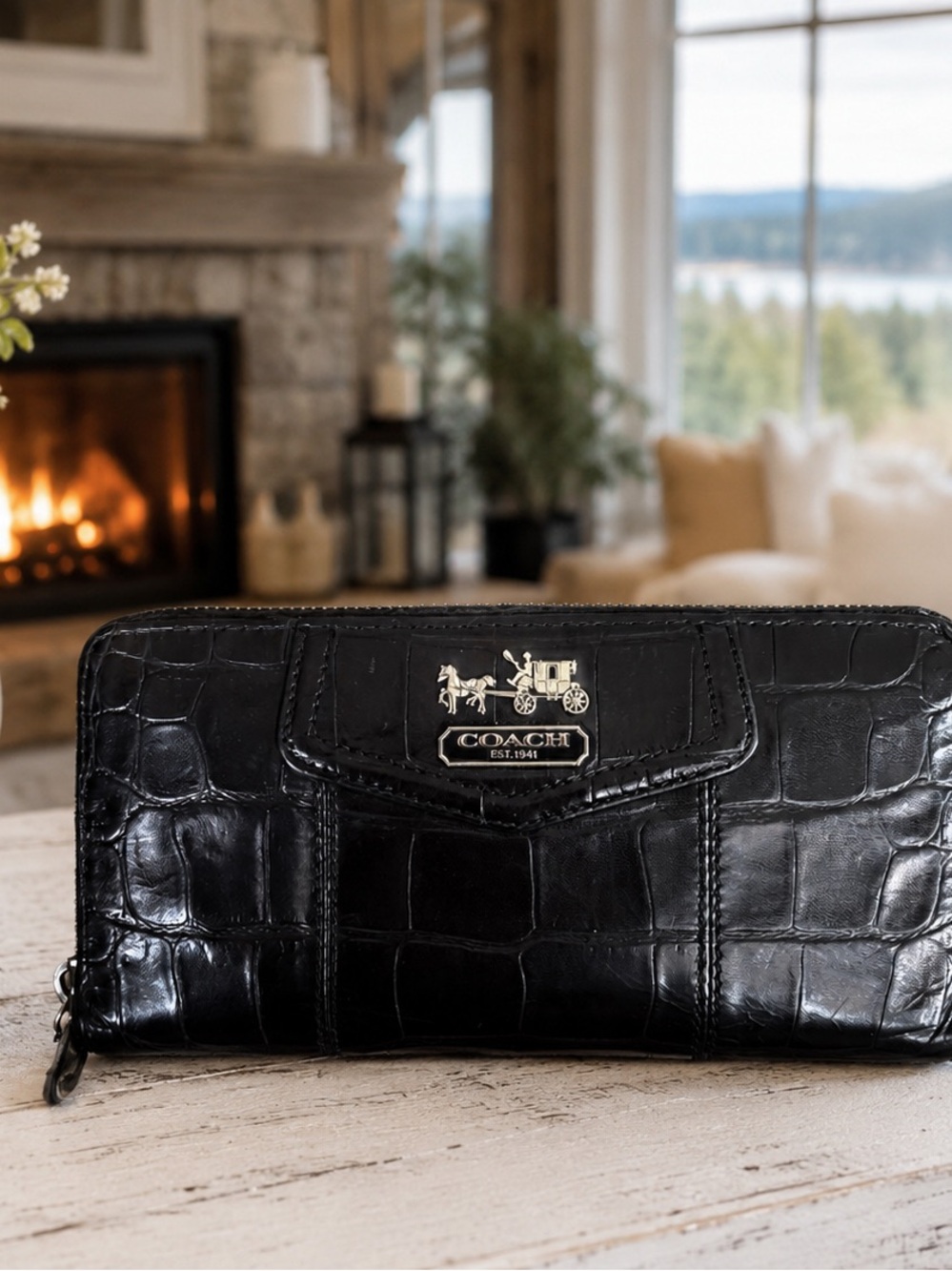 Coach Black Croc-Embossed Zip Wallet with Silver Coach Plaque